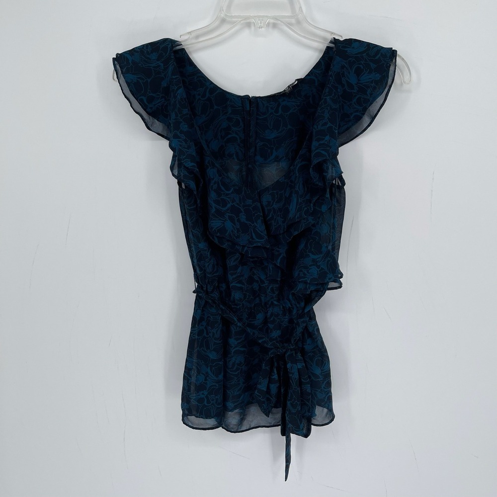 Express Women's Blue Floral Chiffon Ruffle Tie Waist Peplum Blouse Size XS